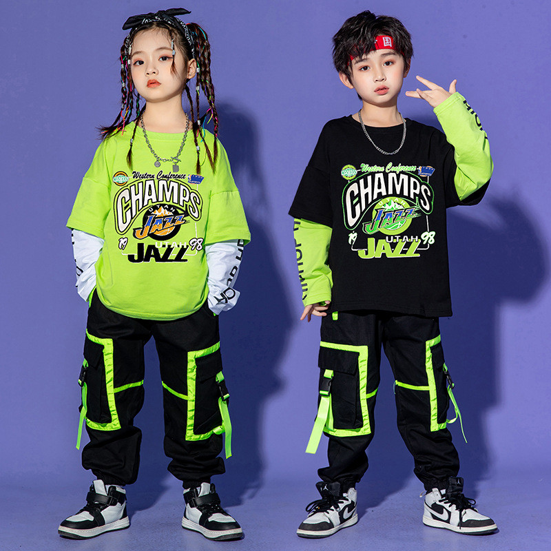 เด็กฤดูใบไม้ร่วง Street Dance เรืองแสงสีเขียว Catwalk เครื่องแต่งกายสาว Jazz Dance เครื่องแต่งกายอินเทรนด์ hiphop Hip Hop ชุดเด็ก