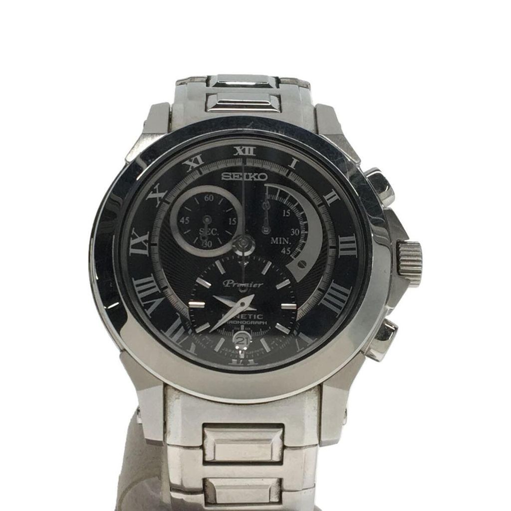 Seiko(ก) Seiko Mens Watch Premier Kinetic Chronograph Quartz Analog Stainless Blk Slv 7L22-0Ar0 ส่งต