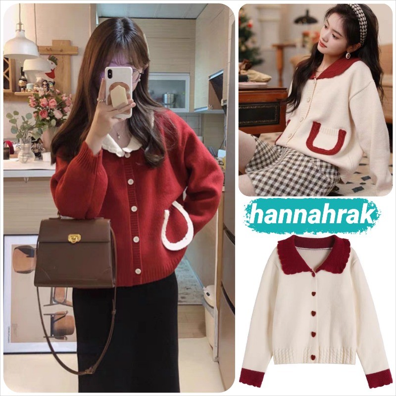 (ส่งจากกรุงเทพฯ)เสื้อสเวตเตอร์สีแดงของผู้หญิง ฤดูใบไม้ร่วงและฤดูหนาว อ่อนโยน เสื้อคาร์ดิแกนถักนิตติ้ง
