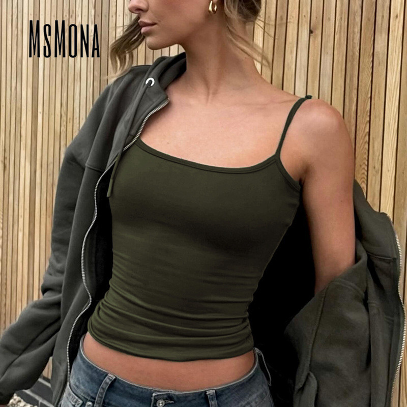MsMona ผู้หญิงเสื้อกล้ามสีทึบปิดไหล่แขนกุดแฟชั่นทุกวัน Casual Slim Fit กลางแจ้ง Streetwear All Match