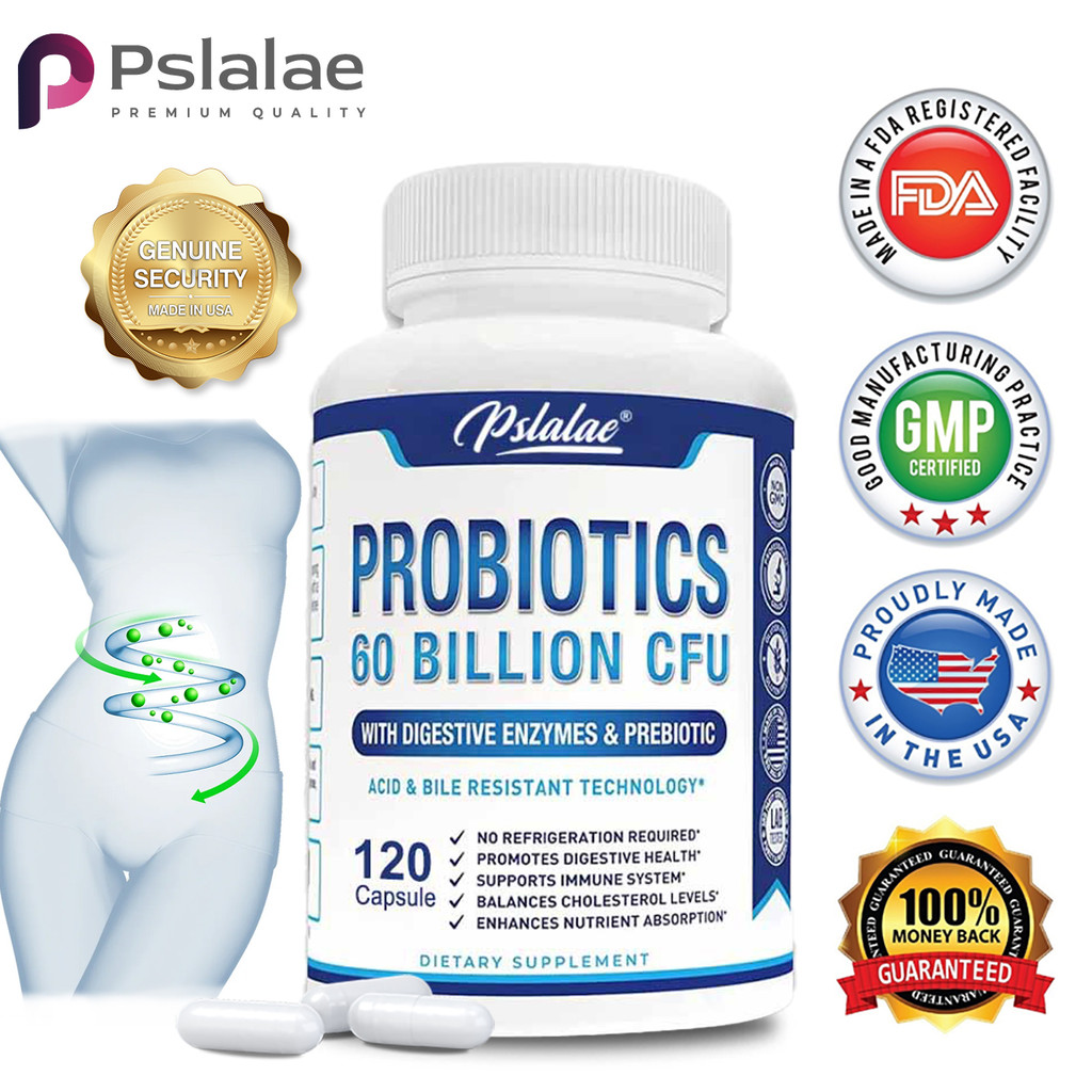 PslalaePremium Probiotics 60 Billion CFU มีเอนไซม์พรีไบโอติกออร์แกนิกและย่อยอาหาร 30/60/120 แคปซูลต่อเสิร์ฟ