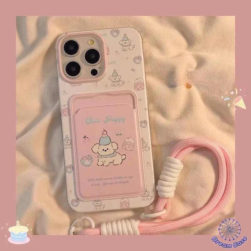 การ์ตูนลูกสุนัขสีชมพูกระเป๋าแขวนเชือกนุ่ม เคส iPhone 7Plus 11 15 13 16 12 14 Pro Max XR X XS Max 15 16 8 7 14 Plus SE