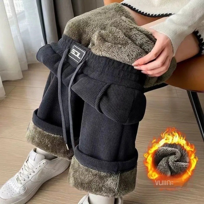 ขนแกะหนาพิเศษหนากางเกงขากว้างผู้หญิงฤดูใบไม้ร่วงฤดูหนาวสไตล์ใหม่ลําลองหลวมดูกางเกงตรงสูง - รูปที่ 5