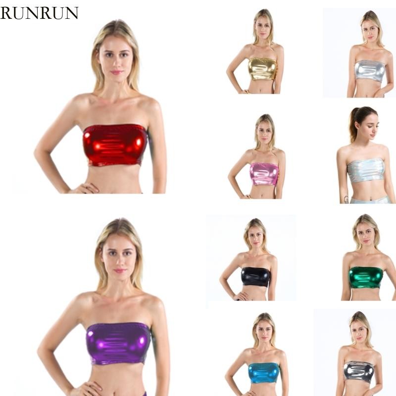 Runny ผู้หญิง Shinning Bodycon Crop Tube Top Strapless Backless Skinny Bandeau Bra