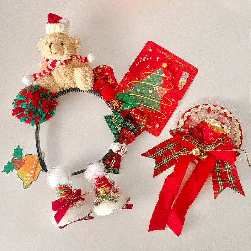 ชุดคริสต์มาสใหม่หวานน่ารัก แฮร์บอล สามมิติหมีแถบคาดศีรษะหญิงโบว์เครื่องประดับผม