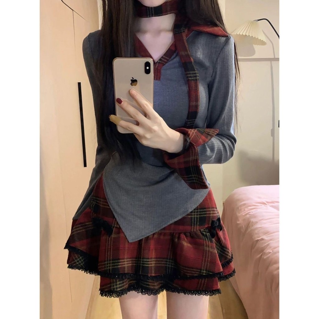 X-orange [ชุดสูทสองชิ้น] เสื้อทรงเข้ารูปไม่สม่ําเสมอ + กระโปรงทรงเอฤดูใบไม้ผลิฤดูใบไม้ร่วงเสื้อผ้าผู้หญิงลําลองสไตล์ใหม่