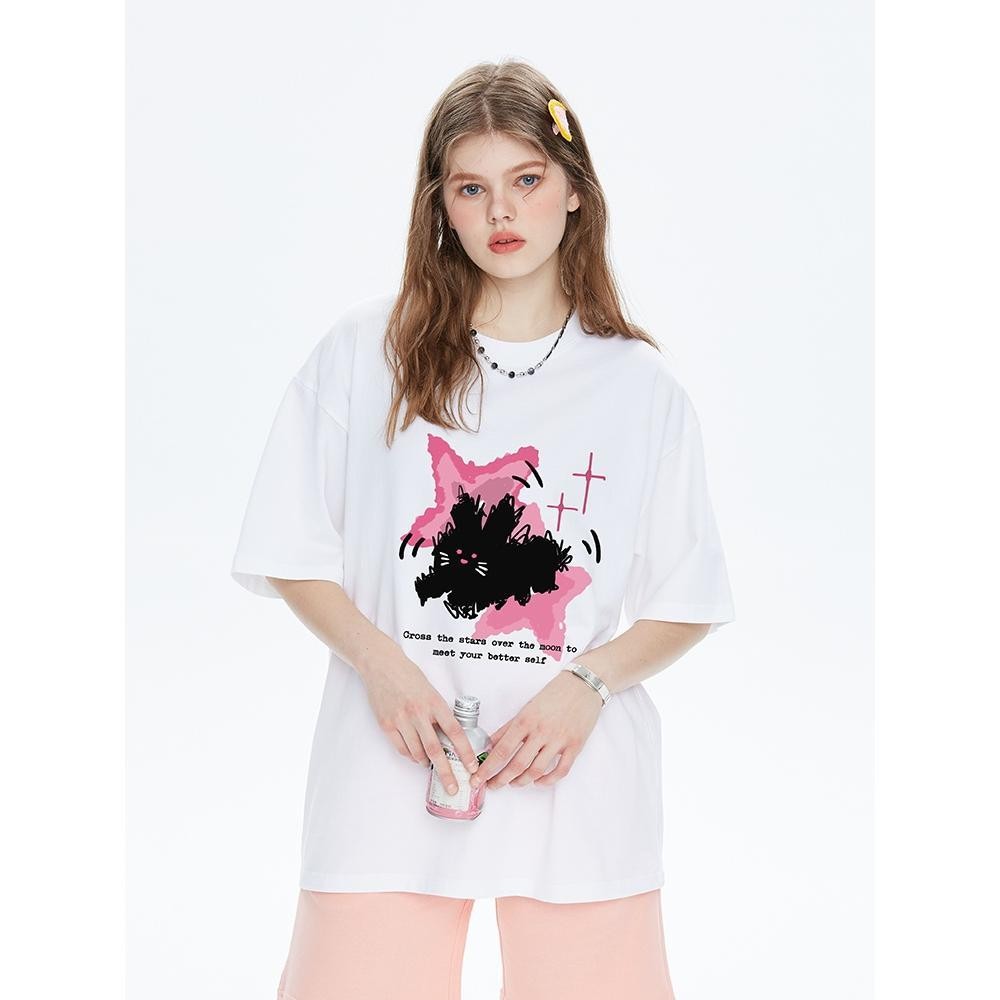 【ส่งจากไทย】 เสื้อยืดผู้หญิงแขนสั้นแฟชั่นน่ารัก เสื้อยืดลายสวย คอกลม สีให้เลือก