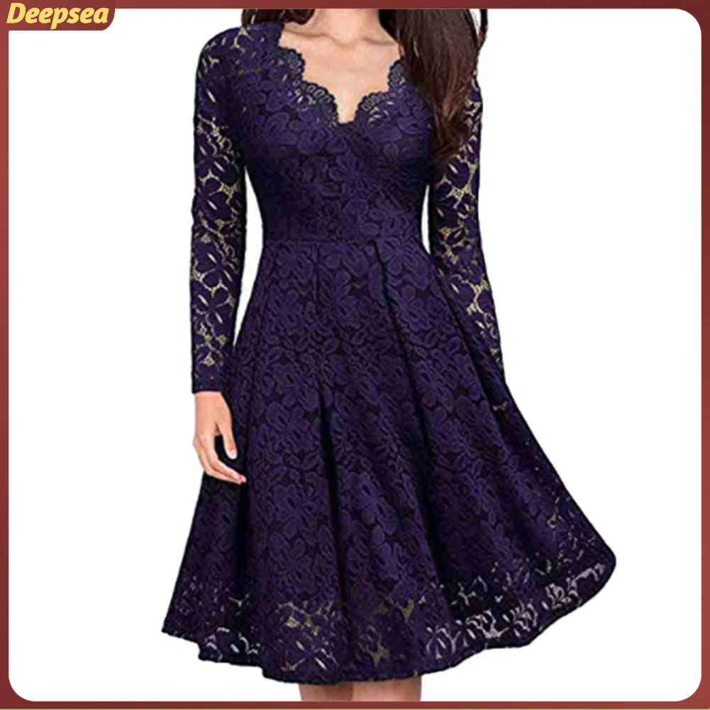 DPA Retro ผู้หญิงลูกไม้ดอกไม้ V คอยาวแขนยาวเอว A-line Party Midi Dress