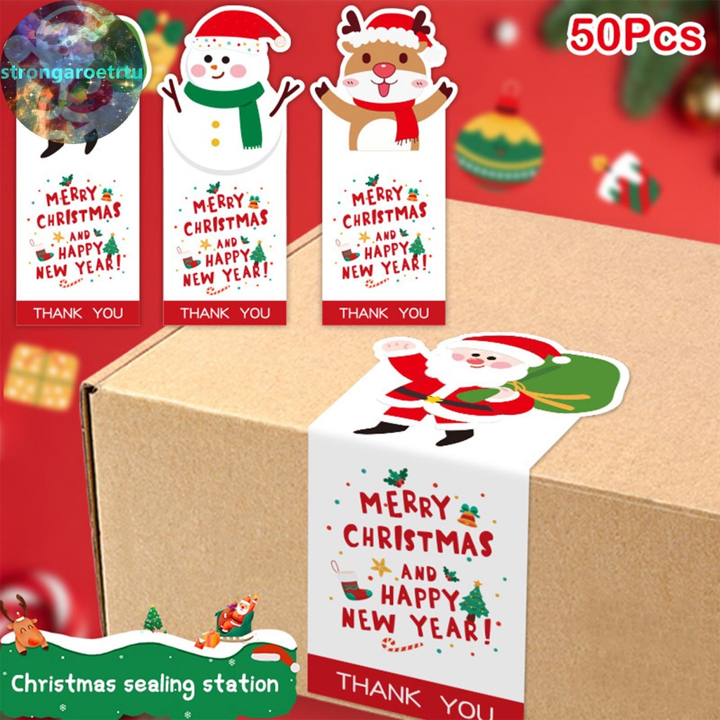 Strongaroetrtu 50 ชิ้น Merry Christmas สติกเกอร์สี่เหลี่ยมผืนผ้าคริสต์มาสของขวัญกล่องตกแต่งสติกเกอร์ซีลน่ารัก Santa สติกเกอร์เครื่องเขียน TH