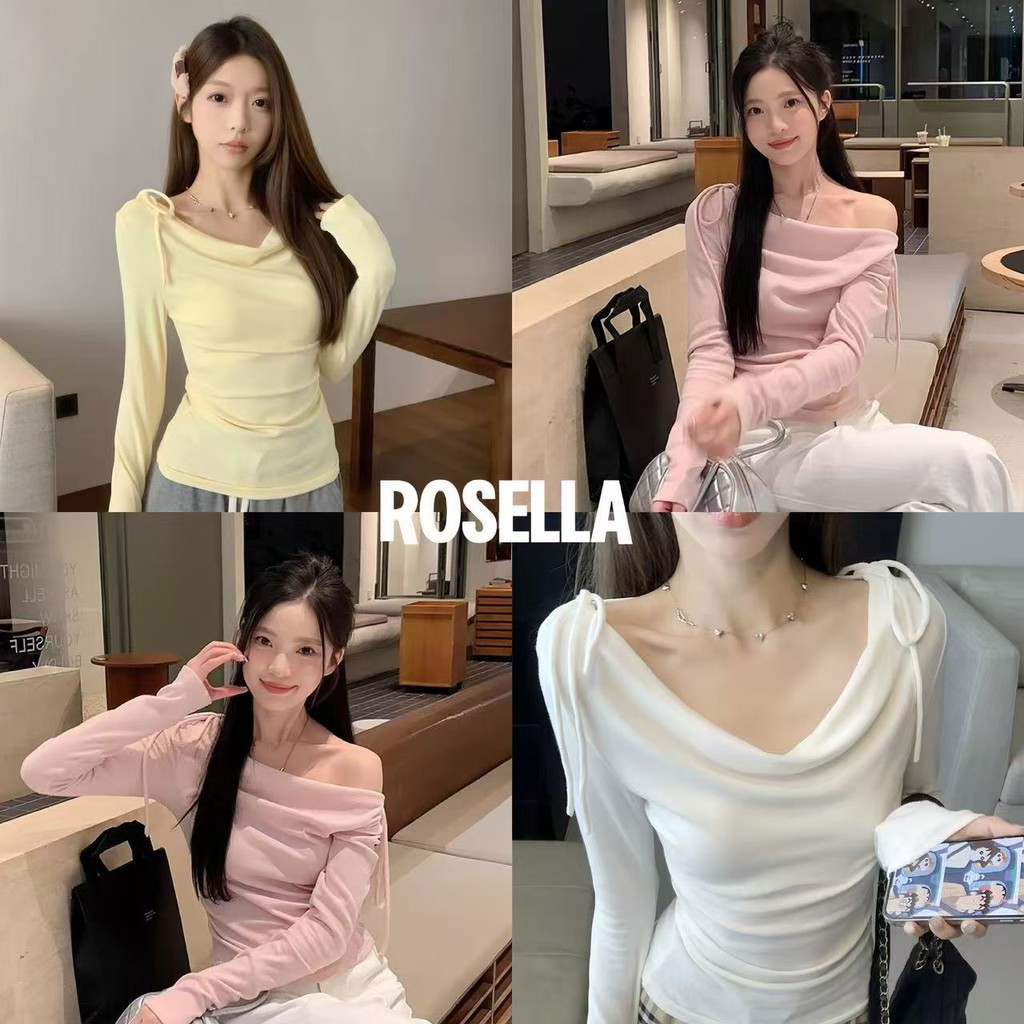 Rosella มีสินค้า เสื้อยืดสตรีมีโบว์ปรับกระชับสัดส่วนสไตล์เกาหลี เสื้อลำลองแขนยาวหรูหราและใช้งานได้หลากหลาย