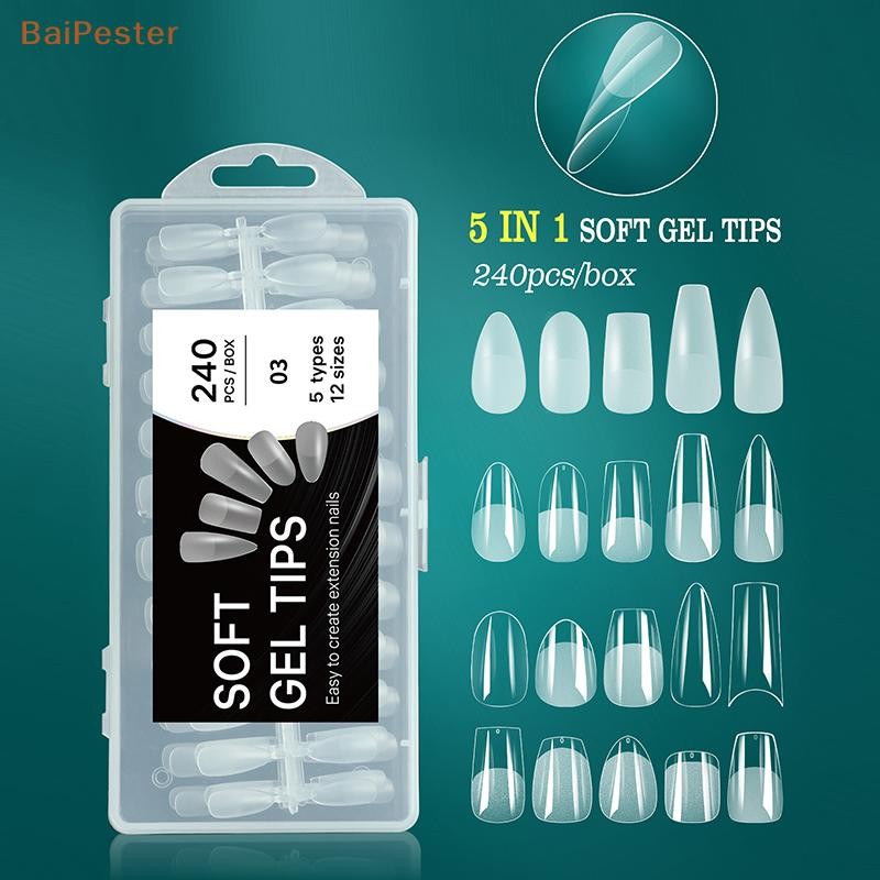 [BaiPester] 240pcs Soft Gel X Nail Tips Full Cover Coffin Stiletto เล็บปลอมอัลมอนด์สั้นพิเศษ Square Soak Off Gel เคล็ดลับเล็บปลอม