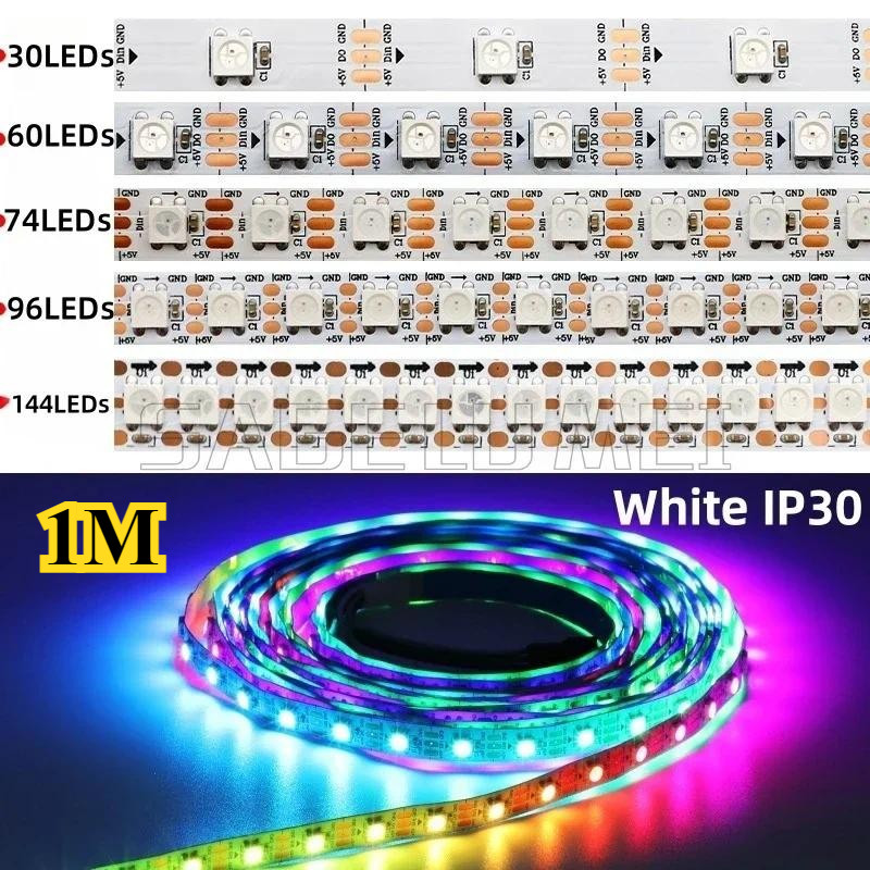 Ip30/65/67 1M 30/60/74/96/144 Leds DC5V WS2812B Led Strip สมาร์ท 5050 RGB Pixel Strip สีดํา/สีขาว PCB WS2812IC ไฟ Led