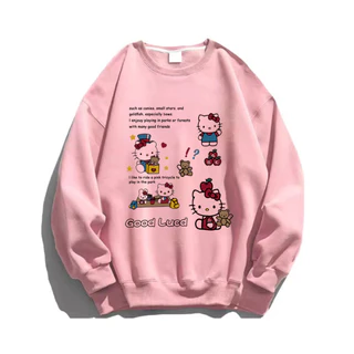 เสื้อสเวตเตอร์คอกลมพิมพ์ลายการ์ตูน Hello Kitty สไตล์อเมริกันฮาราจูกุสไตล์เรโทร