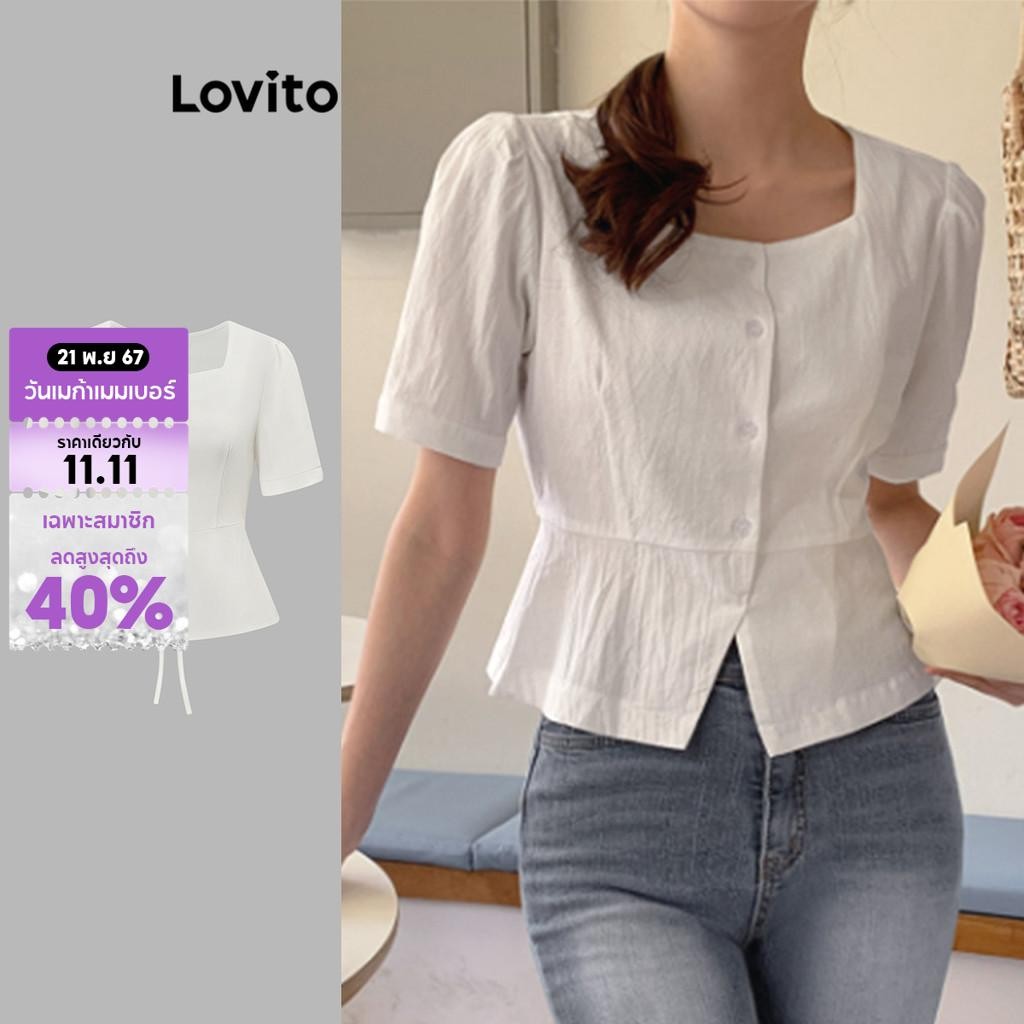 Lovito เสื้อเบลาส์ลูกไม้ขึ้นปุ่มธรรมดาสบาย ๆ สำหรับผู้หญิง L95ED240