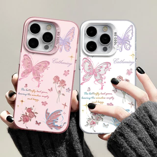 🔥COD🔥เคสไอโฟน11 for iPhone 16 15 12 14 13 Pro Max XR 14 15 7 8 Plus XSMAX เคสโทรศัพท์มือถือลายการ์ตูนผีเสื้อสีชมพูสวยงาม