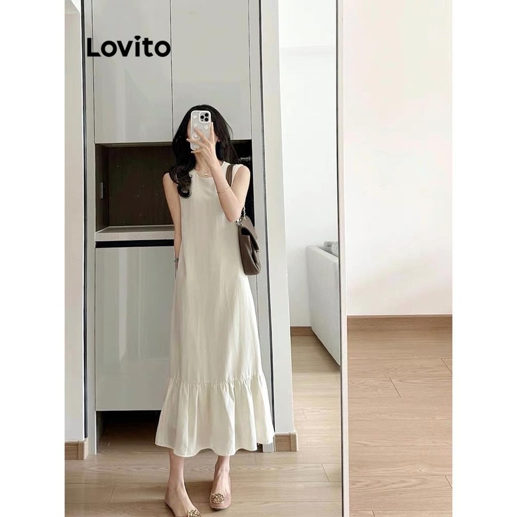 Lovito เดรสผู้หญิง ชายระบาย สีพื้น สไตล์ลำลอง LNM66119