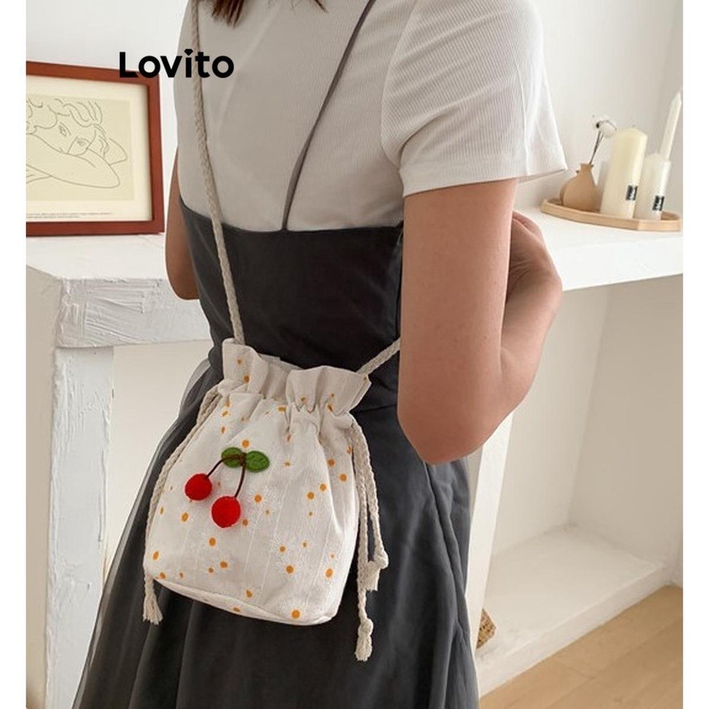 Lovito กระเป๋าสะพายไหล่ผู้หญิง แบบหูรูด ผ้าแจ็คการ์ด ลายเชอร์รี่ ดอกไม้ สไตล์น่ารัก LFA11769