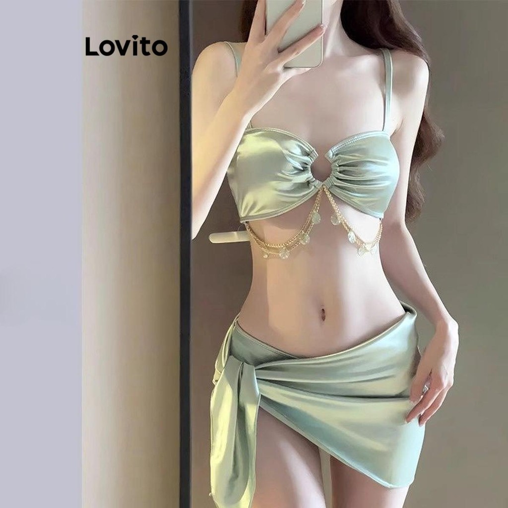 Lovito ชุดเซ็ทบิกินี่ผู้หญิง แบบป้ายหน้า สีพื้น สไตล์ลำลอง LNA57068