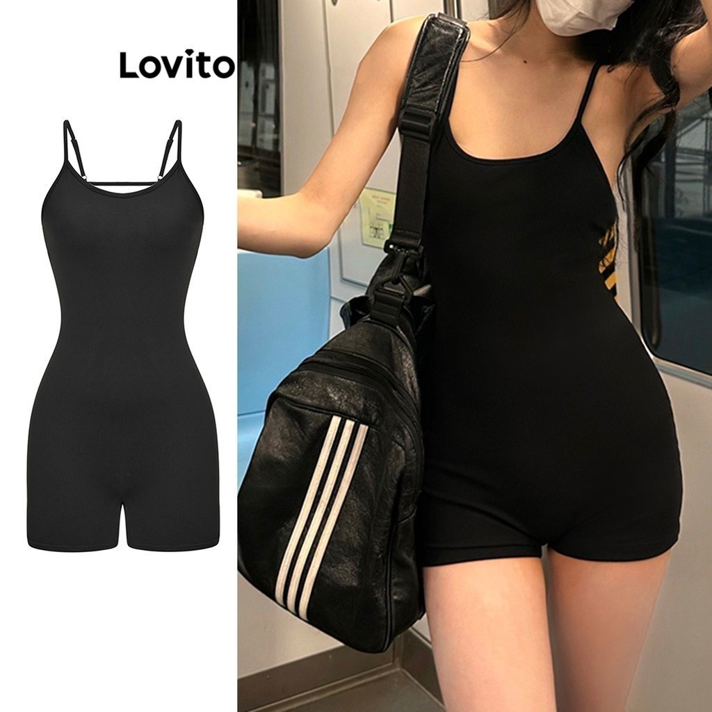 Lovito จั้มสูทผู้หญิง ทรงเบสิก เปิดหลัง สีพื้น สไตล์ลำลอง L62ED176 (หลากสี)