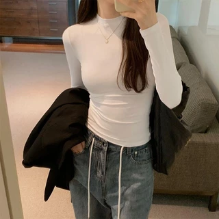 BIMI เสื้อยืดกระชับสัดส่วนทรงสลิมฟิตแขนยาวสไตล์พื้นฐานฤดูใบไม้ร่วงของผู้หญิงมาใหม่อเนกประสงค์สไตล์เกาหลีเสื้อฐานผู้หญิง