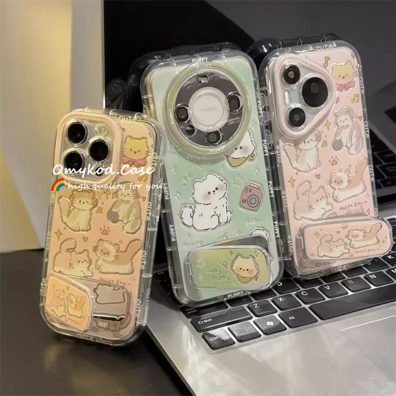 Insน่ารักpuppy CatกระจกBracketปลอกสําหรับiPhone 11 16 15 14 13 12 Pro Max 7 8Plus X XR XS Max Insกระจกเคสโทรศัพท์+Lanyard Anti Drop Cover ราคา ถูกที่สุด ดีลบีเคเค รูปภาพหลัก