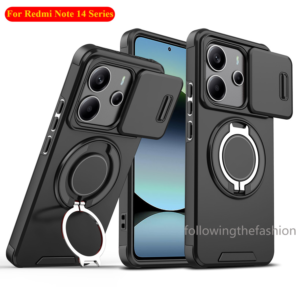 ปลอกสําหรับ Xiaomi Redmi หมายเหตุ 14 4G Redmi Note14 14Pro 14Pro + 5G กันกระแทกเคสโทรศัพท์โลหะเกราะแหวนวงเล็บ Stent กลับ Push เลนส์กล้องความเป็นส่วนตัวป้องกันผู้ถือกลับปลอกฝาครอบ