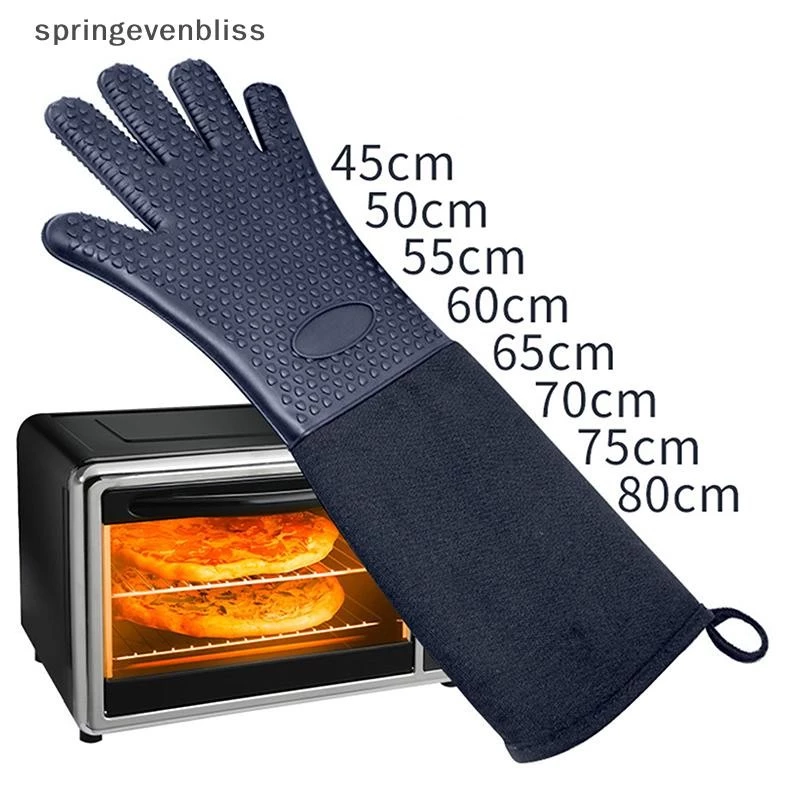 Springevenbliss เย็บสีทึบทนความร้อนครัวทําอาหารถุงมือเตาอบกันลื่น Mitt Grill BBQ แขนยาวพิเศษที่มีประโยชน์ Springevenbliss