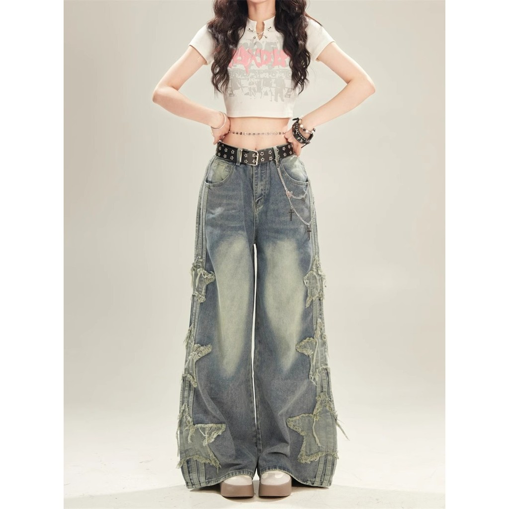 ลายดาวห้าแฉกกางเกงยีนส์อเมริกันกางเกงขาตรงผู้หญิงหลวมย้อนยุคกางเกงยีนส์ขากว้างผู้ชาย