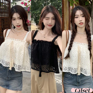 Cilset🛒พร้อมส่ง🎀ผู้หญิงเเสื้อกล้ามถักไหมพรม ลายลูกไม้เกาหลี /61622-C