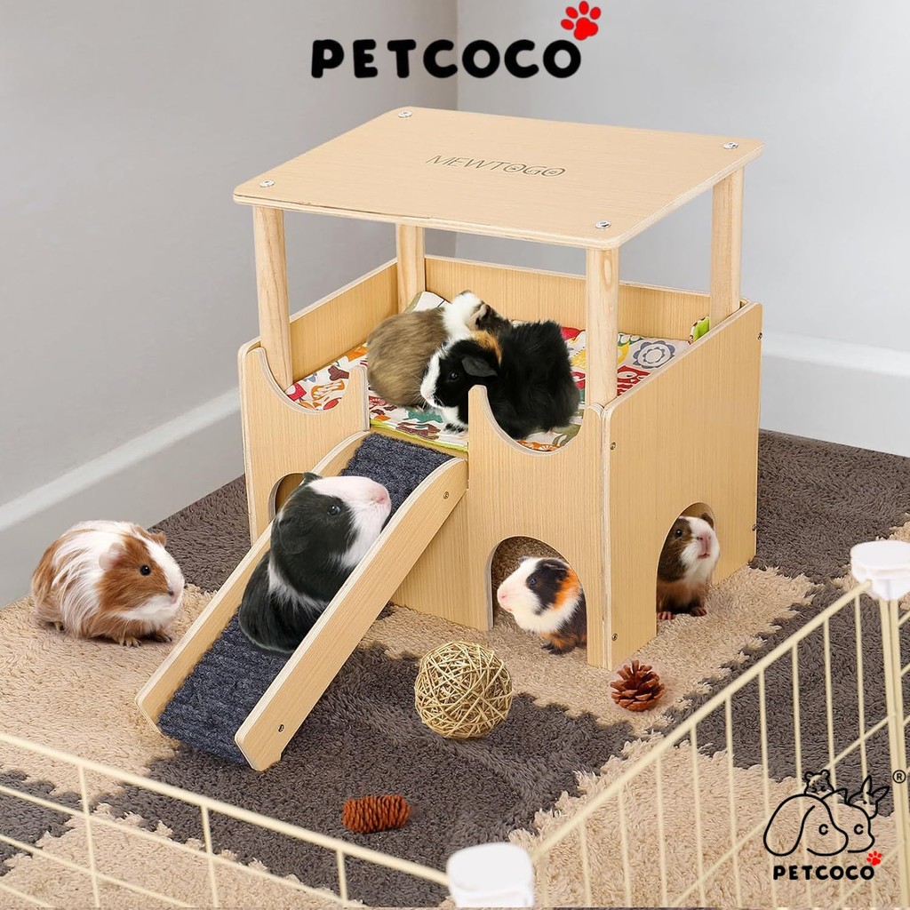PetCo Guinea Pig บ้านไม้พร้อมชุดหลังคา Guinea Pig ไม้ Hideout คนแคระกระต่าย 木质拼装景 老人部 外饰