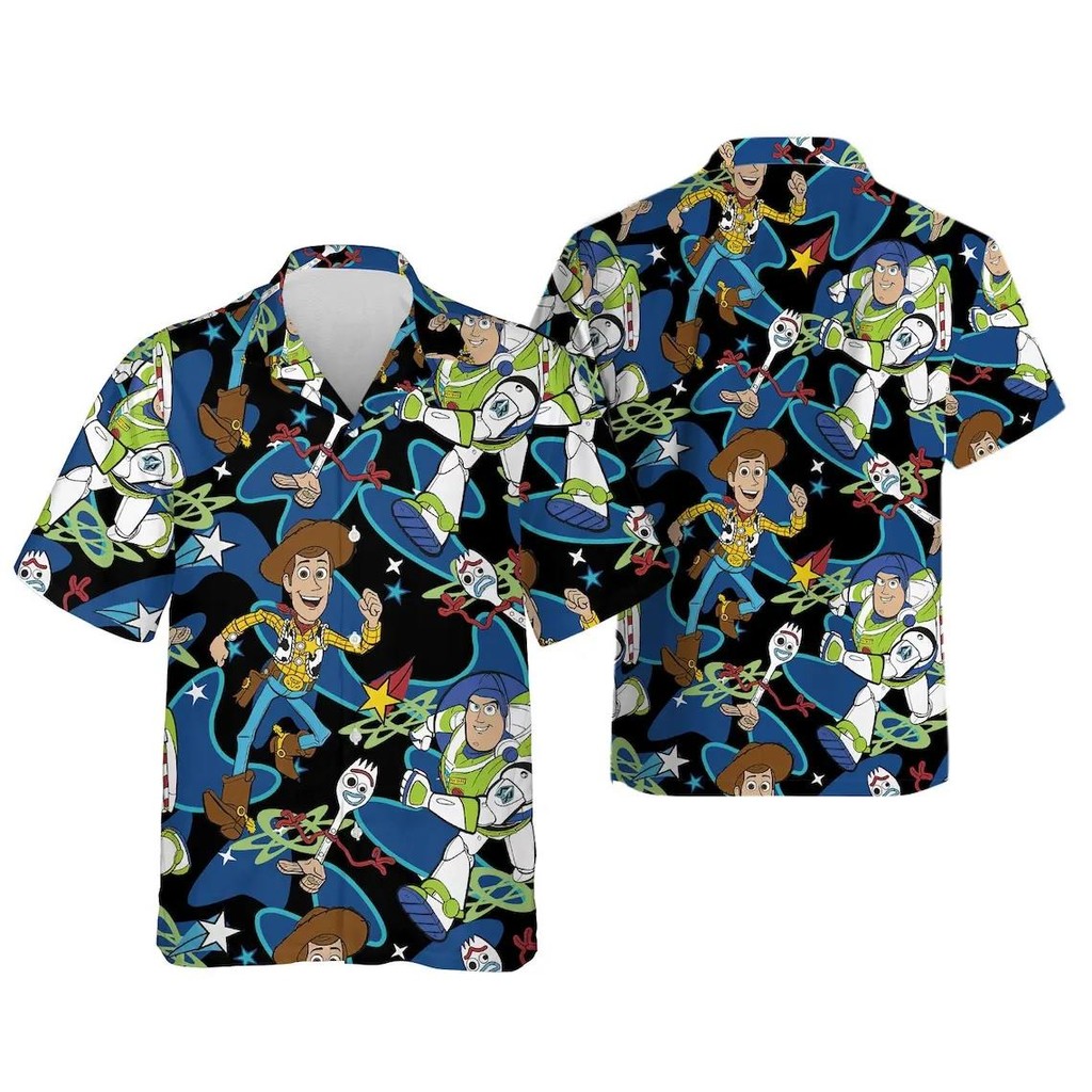 Toy Story เสื้อฮาวายบุรุษผู้หญิงแขนสั้นติดกระดุม Woody Buzz Lightyear การ์ตูนเด็กชายหาด