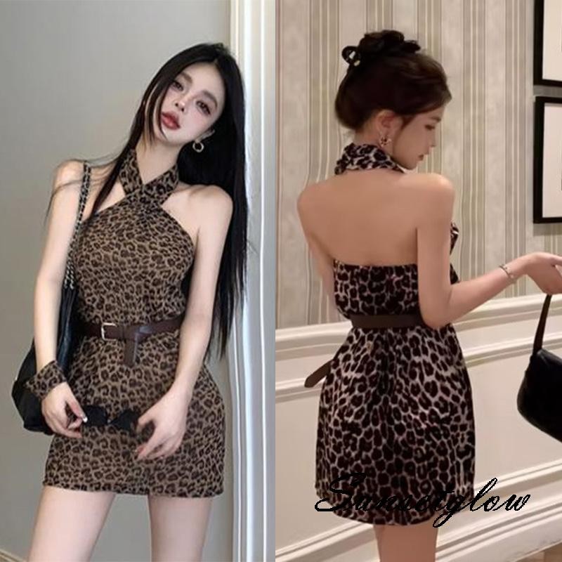 ชุดเดรสคล้องคอลายเสือดาว SG/Y2K | เข็มขัดปรับเซ็กซี่มินิ | เดรสคลับสุดฮอต | สําหรับ RCA & Pataya | ฤ