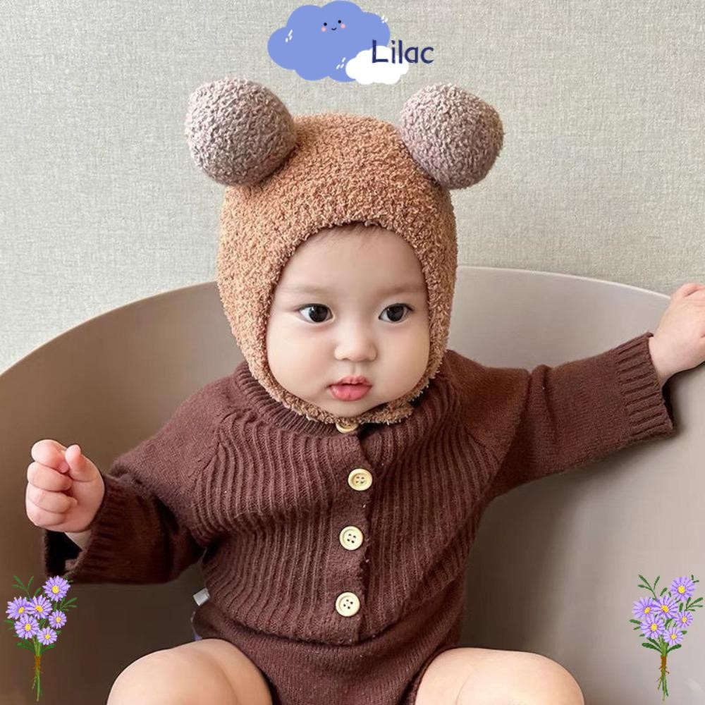 หมวกบีนนี่ลิแลคส์ พร้อมหมวกถักเด็กอบอุ่นบอล หมวกป้องกันหูกันลมนุ่ม