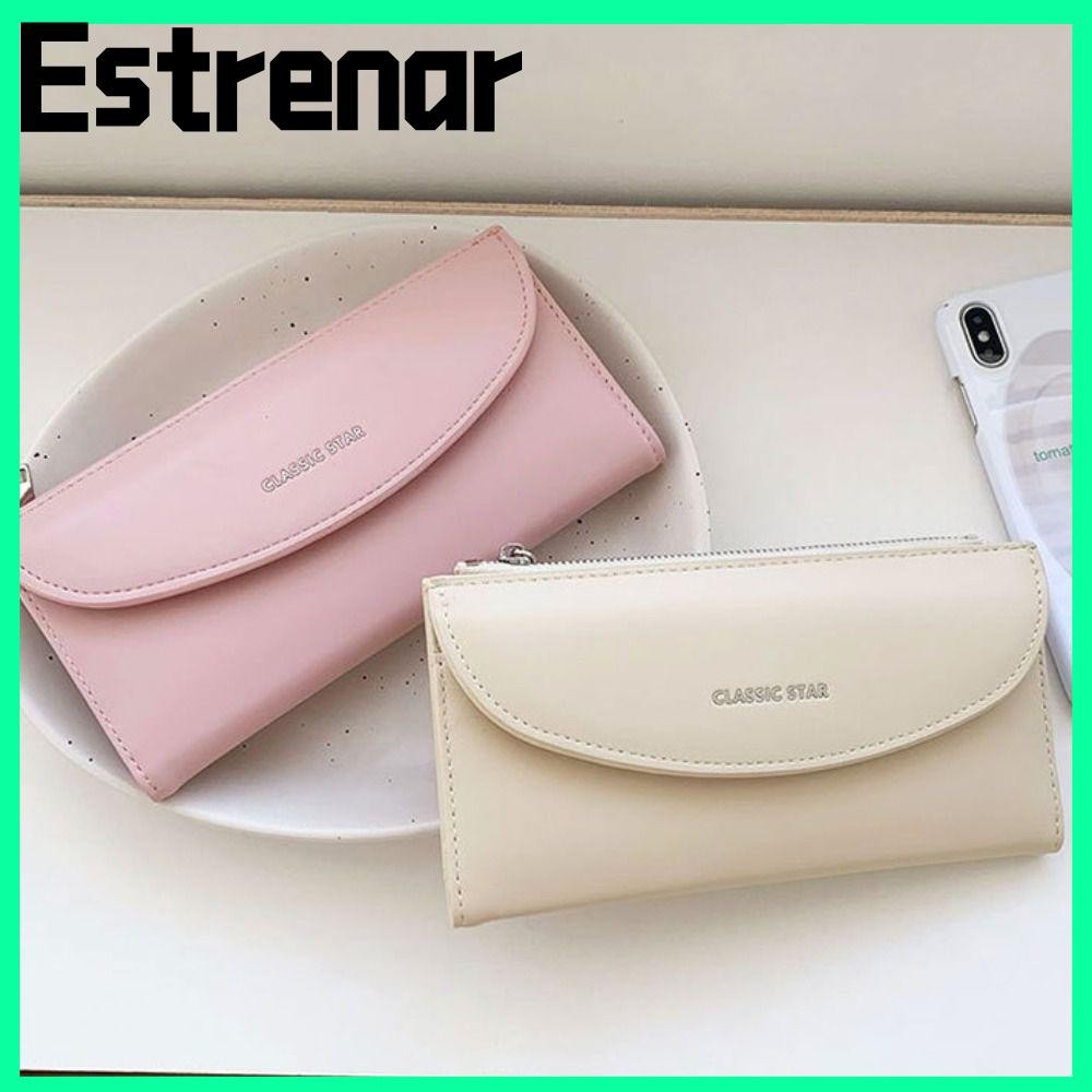 กระเป๋าสตางค์ใบยาว ESTRENAR กระเป๋าใส่เหรียญสีทึบความจุขนาดใหญ่ซิปแฟชั่นกระเป๋าบัตรหนัง PU แบบพกพานักเรียน