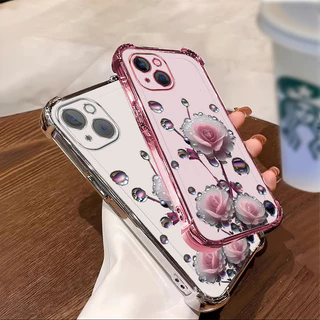 เคสสําหรับiPhone 13 14 pro max 14 plus 13 Mimiเคสโทรศัพท์สีชมพูดอกตูมสี่มุมซิลิโคนTPUโปร่งใสSoft shell ﻿ดีซ