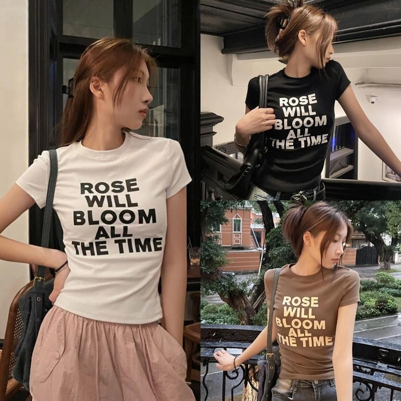 เสื้อยืดผู้หญิง เสื้อเเขนสั้น  หวานเซ็กซี่ พิมพ์ลายอักษร ทรงเข้ารูป เข้ากับทุกสไตล์