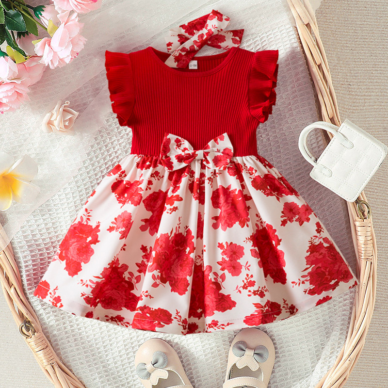 NNJXD ดอกไม้หักสาวแต่งตัวฟรีคาดศีรษะ9เมตรถึง3 ปีโบว์ฤดูร้อนหลุมลายชุดสาวเจ้าหญิง