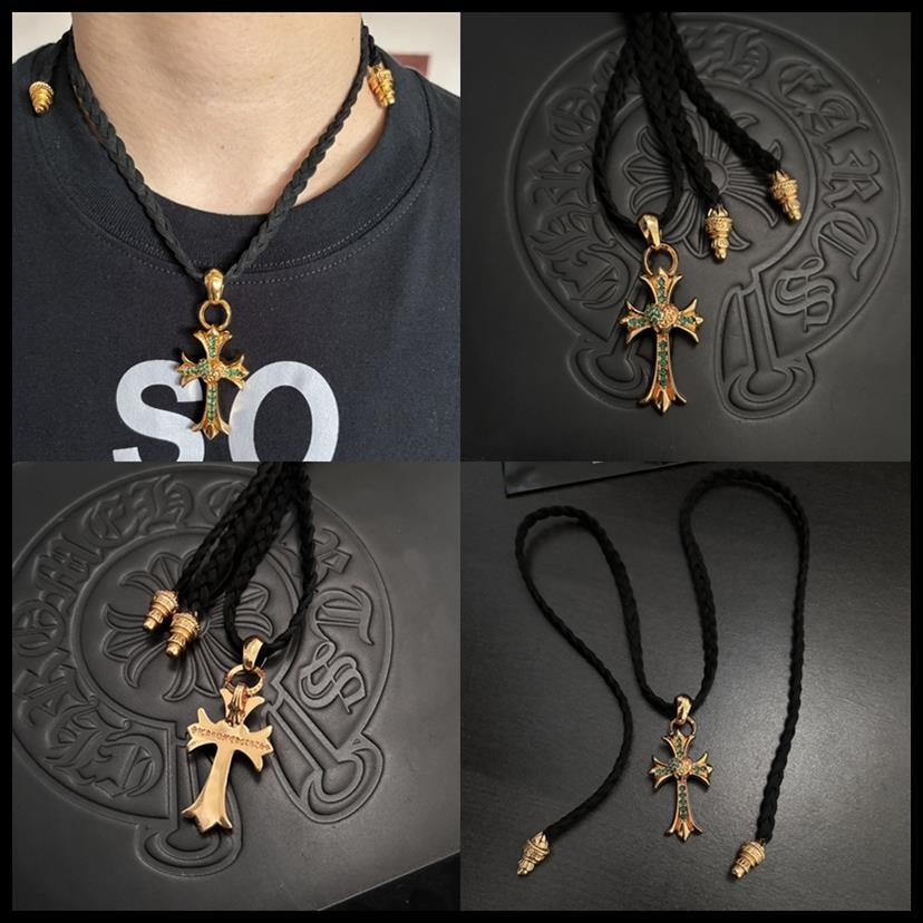 สร้อยคอ Chrome Hearts/เชือกหนังสีดําจี้ทองสร้อยคอไม้กางเขนเพชรสีเขียว