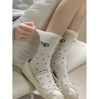 🍓EnJoy🍓พร้อมส่ง (WZ-04) ถุงเท้าข้อยาว ประดับโบว์ น่ารักหวาน สไตล์เกาหลี สำหรับผู้หญิง