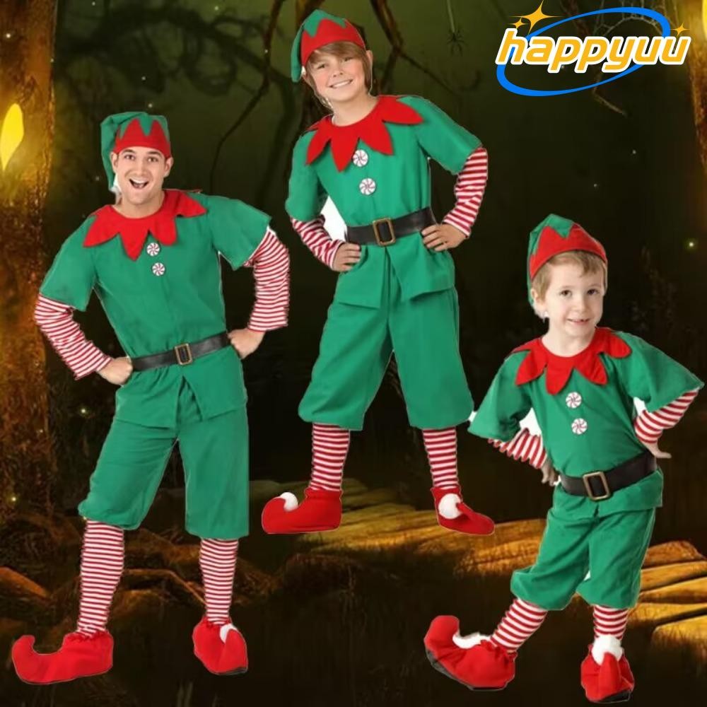 Happyuu คริสต์มาส Elf เครื่องแต่งกาย, 2024 สาวชุดแฟนซีครอบครัวชุด, Xmas ชุดเด็กผู้ใหญ่สีเขียวคอสเพลย์เสื้อผ้า