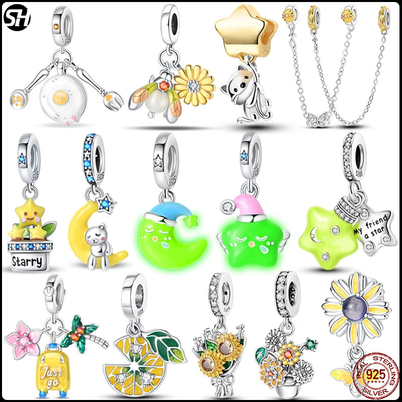 Golden สี Charms ลูกปัด 925 เงินสเตอร์ลิงดอกไม้ Luminescesence Moon Star Dangle จี้ Fit 4 มม. Diamete สร้อยข้อมือเครื่องประดับ