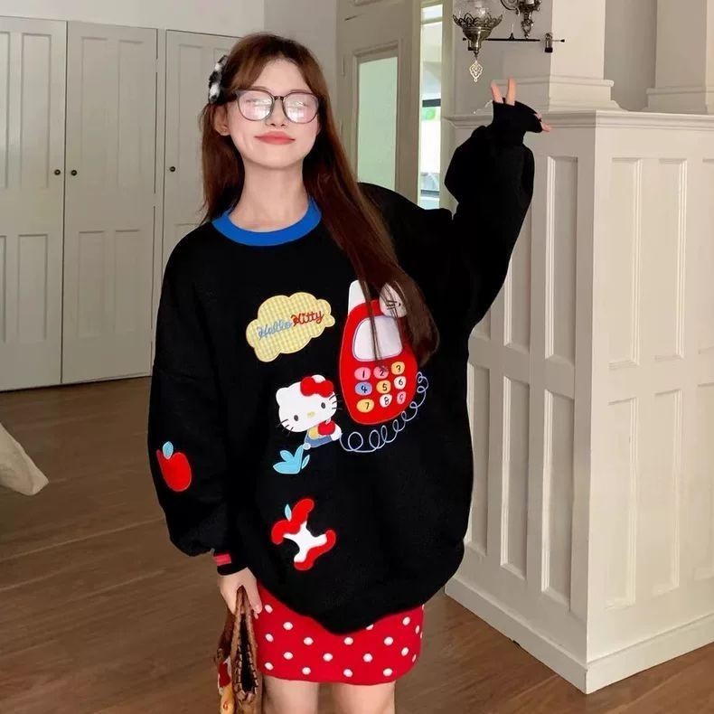 ผู้หญิง Kitty พิมพ์แขนยาว Pullovers Oversize Casual Sweatshirt
