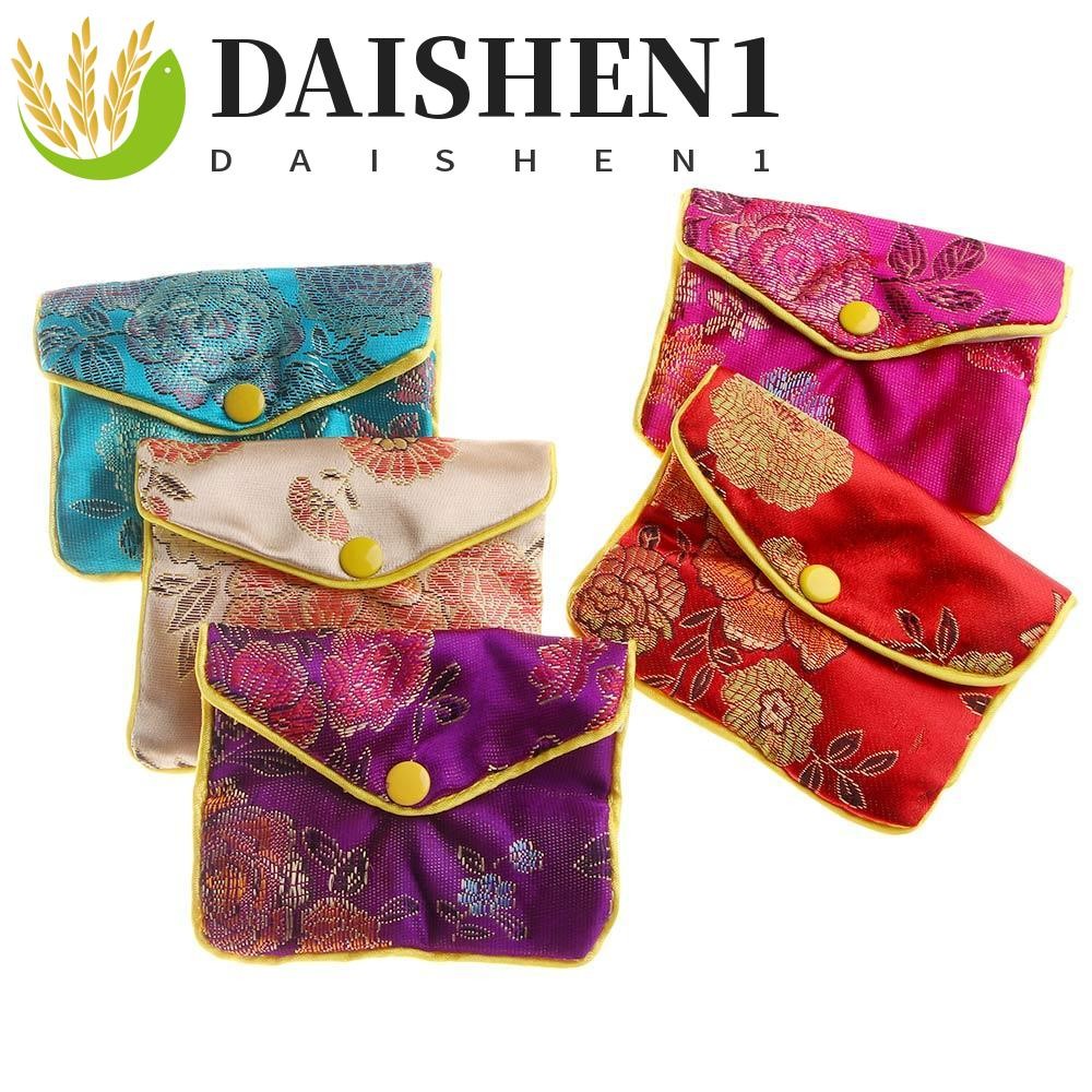 Daishen1 กระเป๋าใส่เหรียญ ผ้าไหม ปักลายดอกไม้ สไตล์จีน