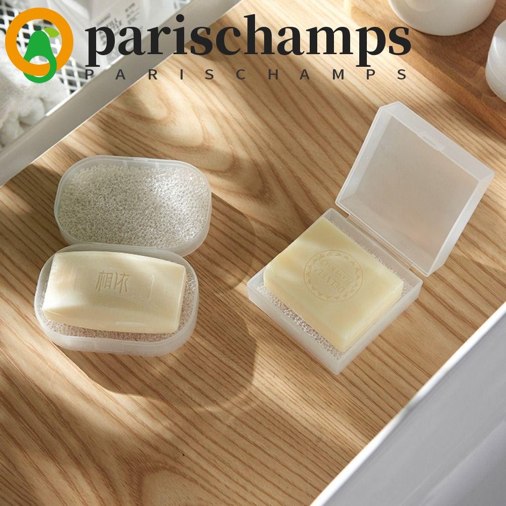 Parischamps กล่องสบู่พกพาพร้อมฝาปิดจานสบู่ปิดผนึก ที่เก็บสบู่ฟองน้ําใส ที่วางสบู่สี่เหลี่ยมในครัวเรือน