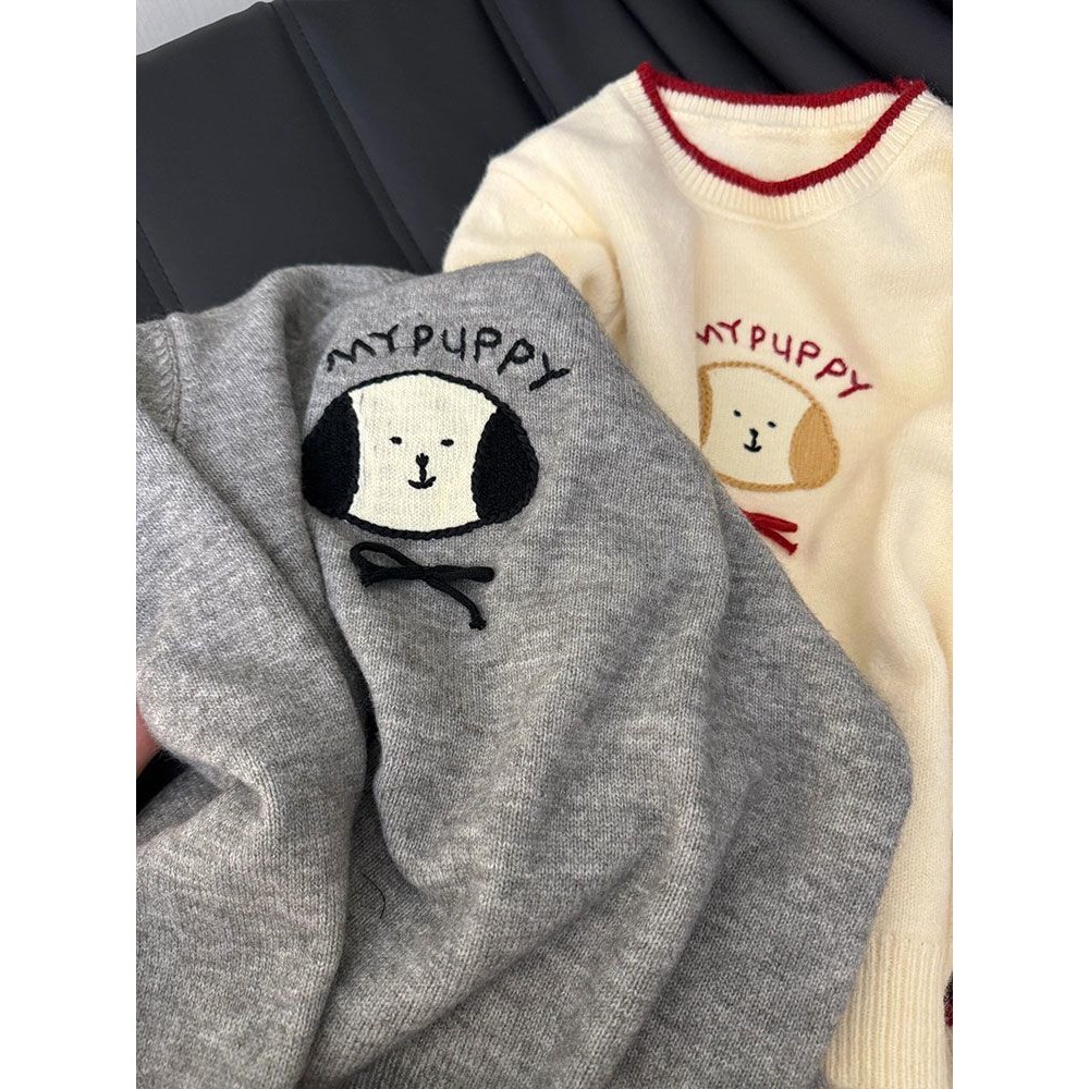 หวานน่ารักสีคมชัดสุนัขเสื้อกันหนาวหญิงใหม่หลวมถักฤดูใบไม้ร่วงฤดูหนาวเสื้อกันหนาว