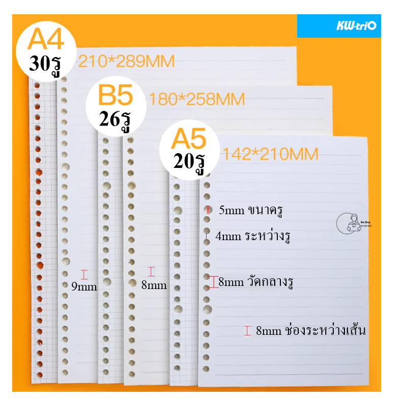 KW-triO loose leaf กระดาษรีฟิลแบบเจาะรู A4 A5 B5 แบบเส้น/แบบตาราง กระดาษโน้ต DIY สีถนอมสายตา สไตล์มูจื พร้อมส่ง