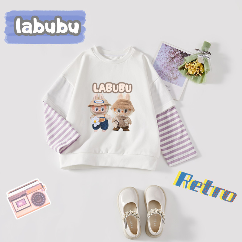 เด็กฤดูใบไม้ร่วงใหม่ปลอมสองแขนยาว Labubu น่ารักพิมพ์ผ้าฝ้ายเสื้อยืดคุณภาพสูงเสื้อผ้าเด็ก
