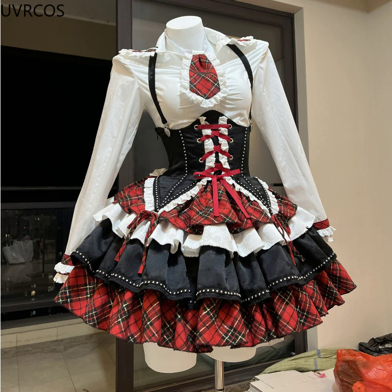 MnJapanese Gothic Lolita 3 Piece Set Women Plaid Patchwork Kawaii Sweet Mini Skirt Suit Female Korea