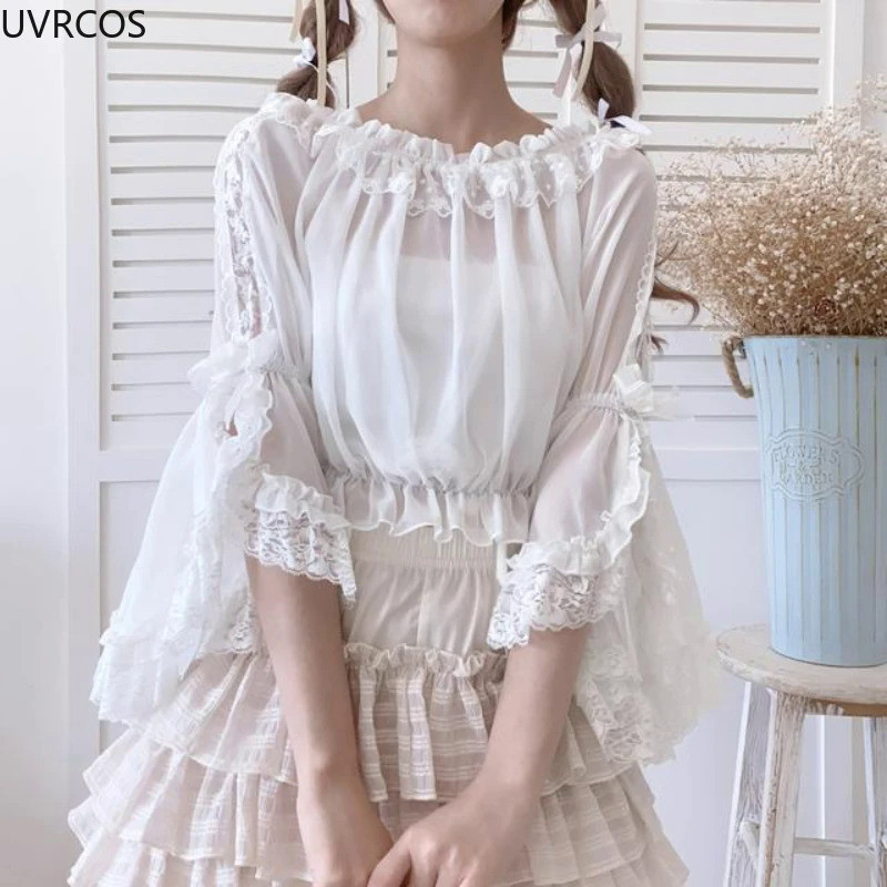 MnJapanese Lolita Style Women Princess Blouse Cross Slash Neck White Black Apricot Sweet JSK Shirt F