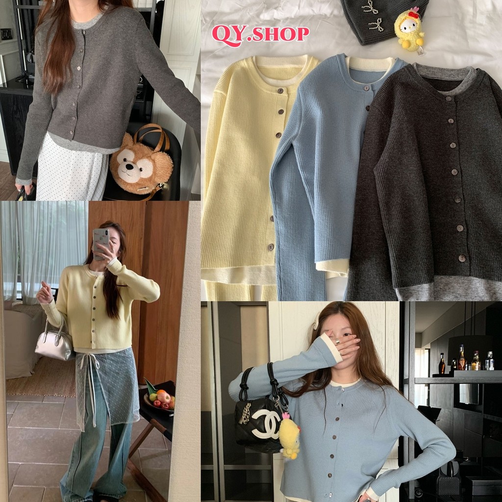QY.Shop เสื้อไหมพรมแขนยาวน่ารักมาก คอกลม กระดุมหน้า ผ้าร่องสีอ่อนๆ "12513"